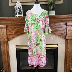 Cappagallo Green Pink Tropical Double Bell Sleeve Dress Sz.‎ L